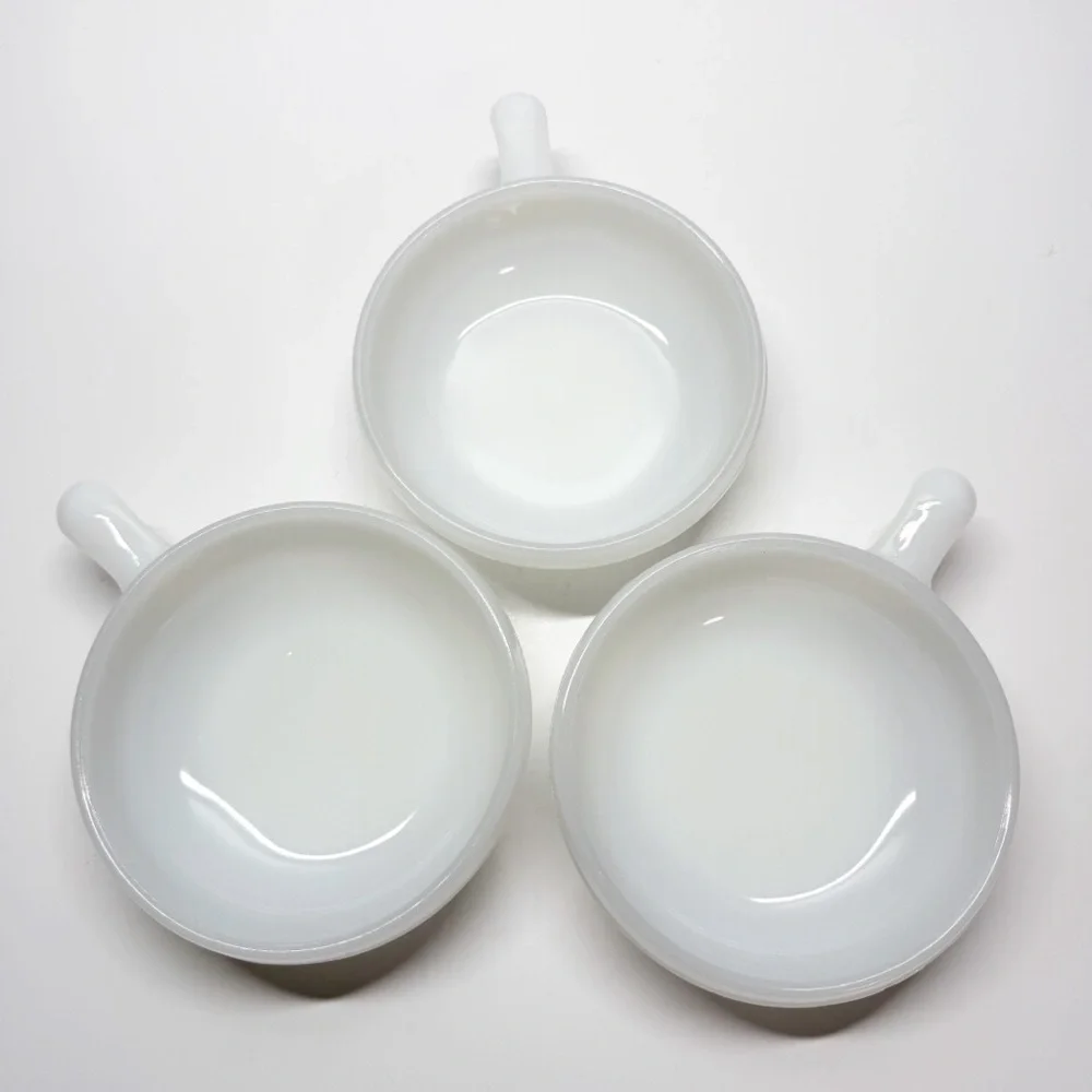 Vintage Glasbake Milk Glass 5” Bowls with Handle Set of 3
